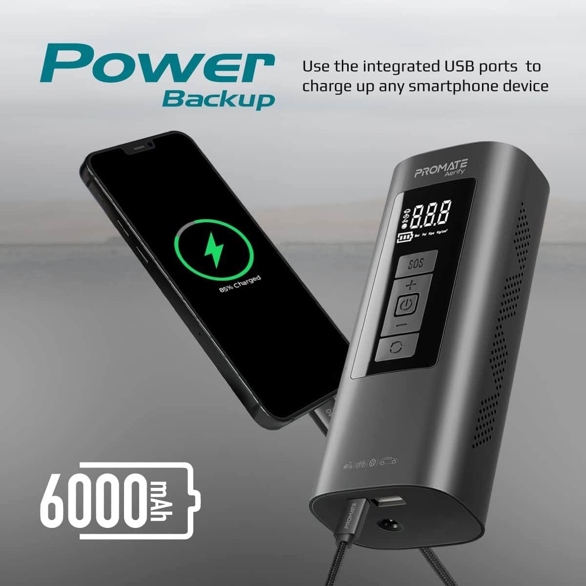 Promate Aerify Car Air Compressor with 6000mAh Power Bank