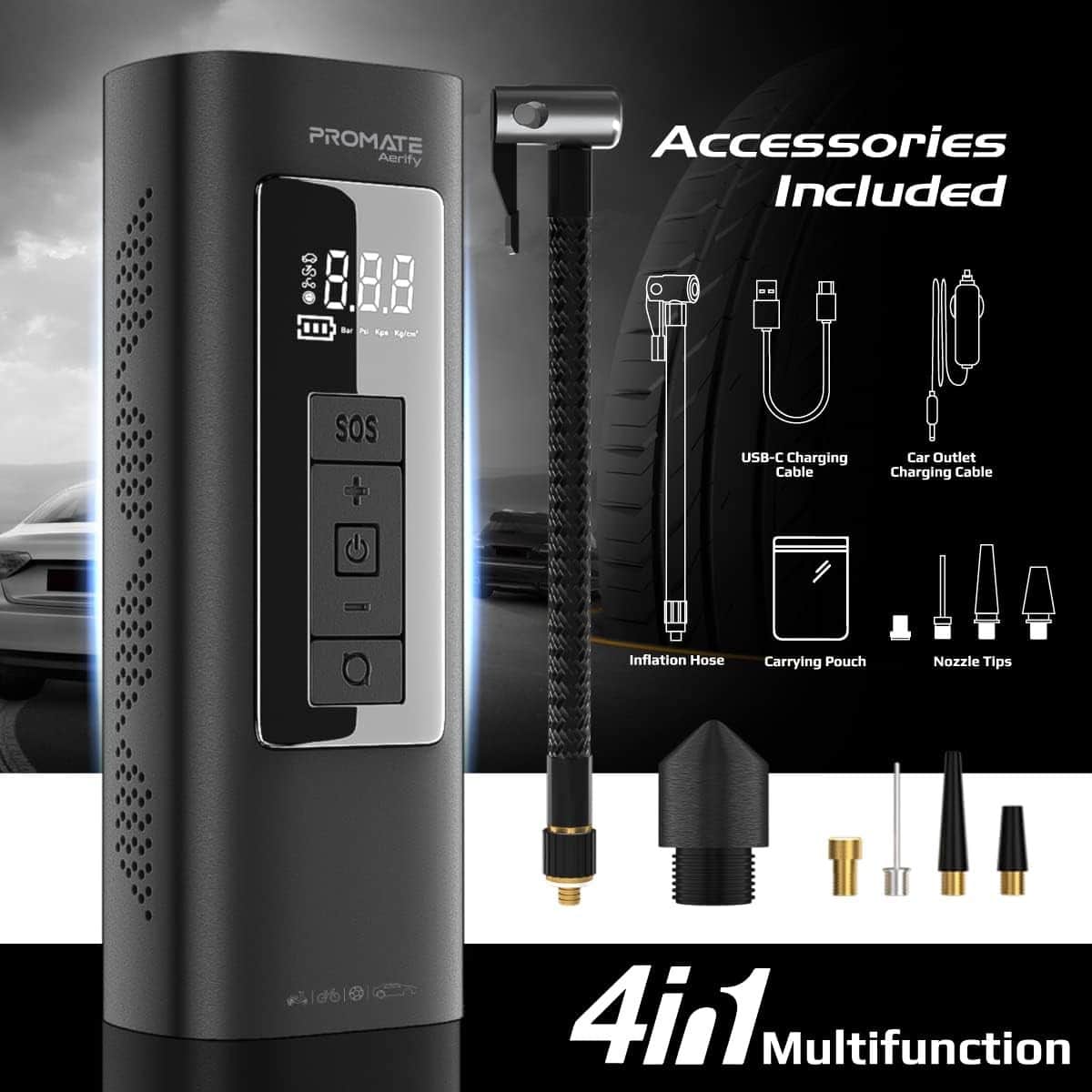 Promate Aerify Car Air Compressor with 6000mAh Power Bank