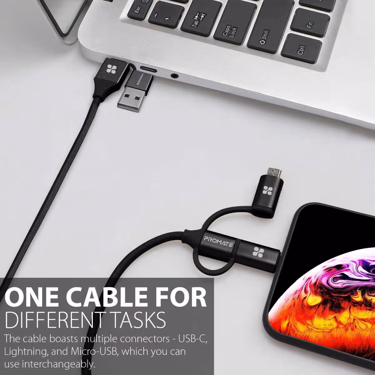 بروميت كابل شحن هجين 60W 6 في 1 يدعم USB-C وMicro-USB