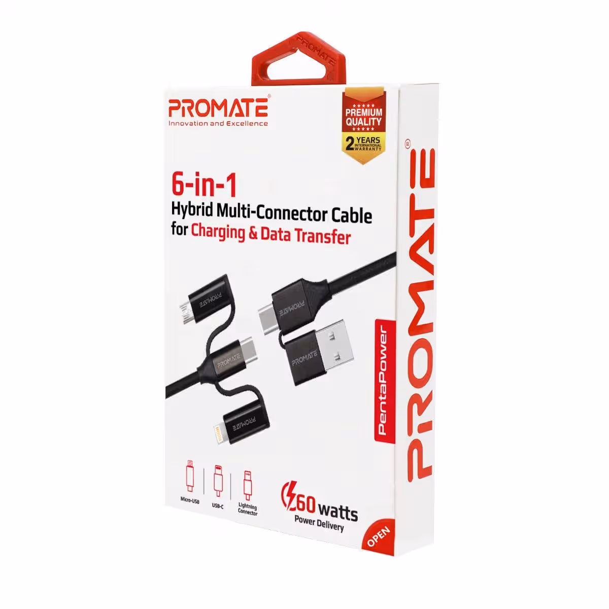 بروميت كابل شحن هجين 60W 6 في 1 يدعم USB-C وMicro-USB