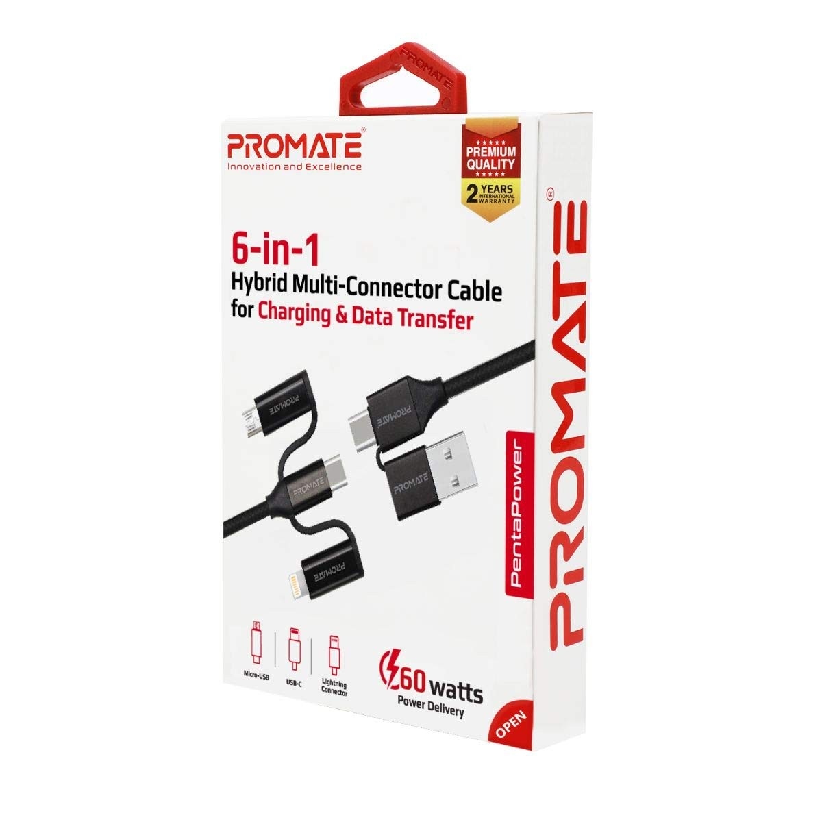 Promate 60W 6-in-1 Hybrid USB-C & Micro-USB Charging Cable