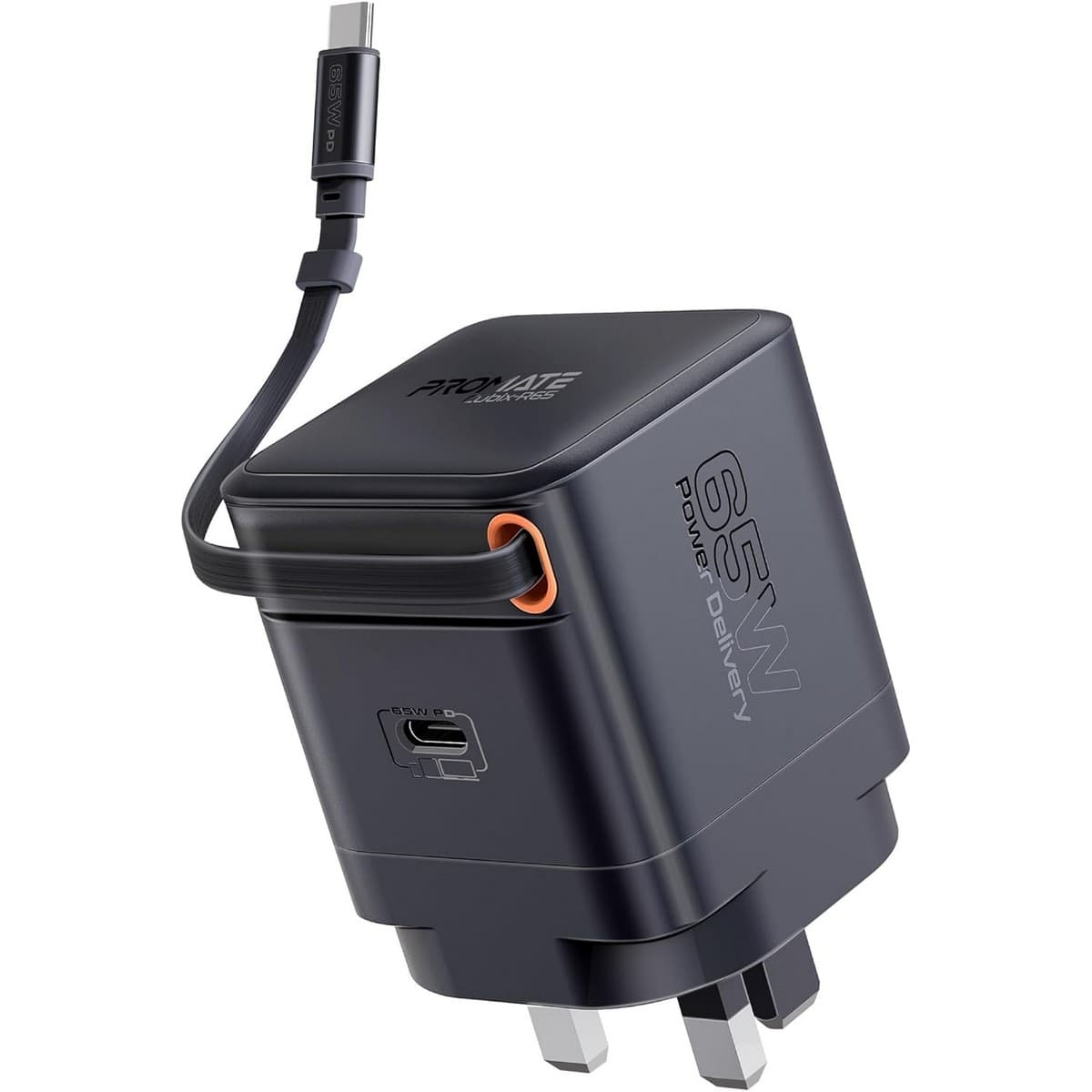 Promate 65W GaNFast Charger with Retractable USB-C Cable