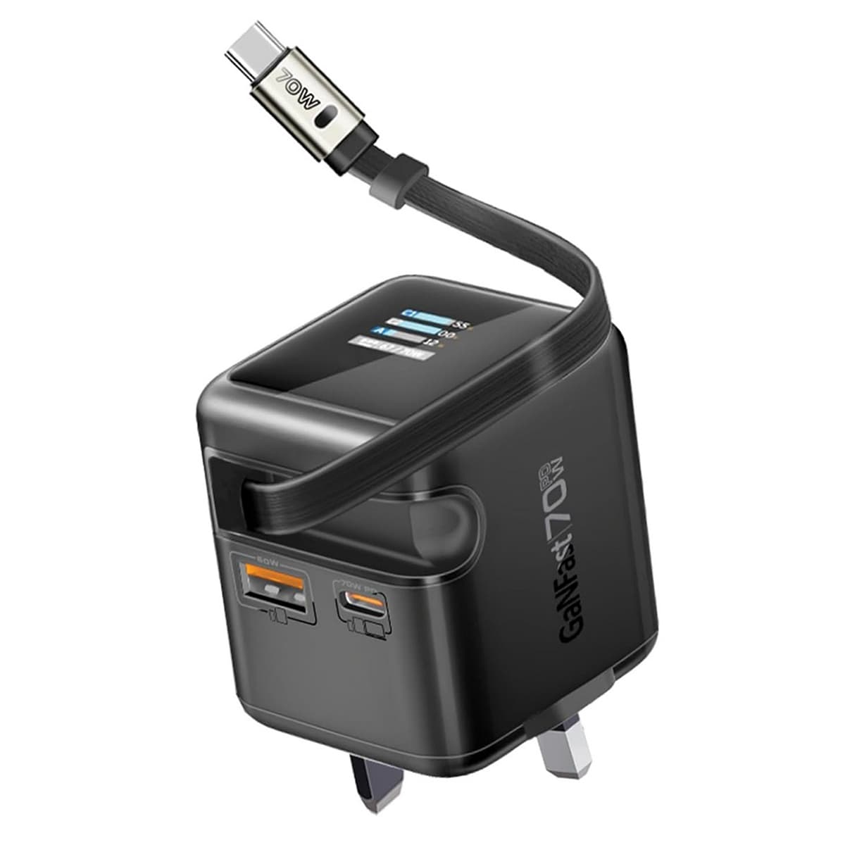 بروميت شاحن جداري GaNFast بقدرة 70 واط مع كابل USB-C قابل للسحب وشاشة TFT