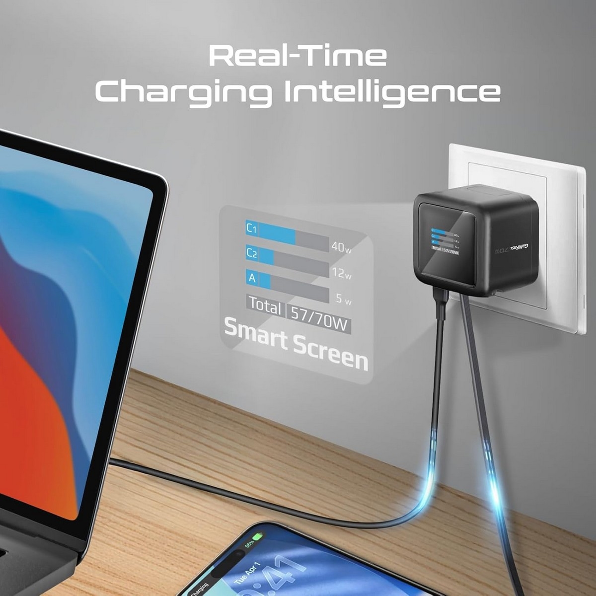 بروميت شاحن جداري GaNFast بقدرة 70 واط مع كابل USB-C قابل للسحب وشاشة TFT