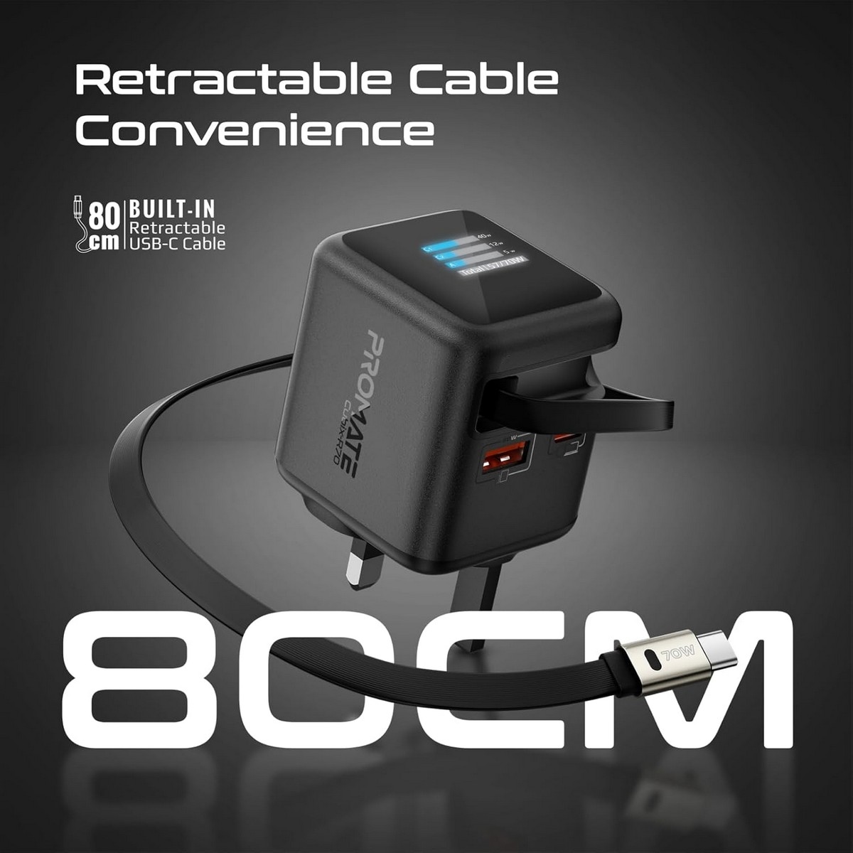 بروميت شاحن جداري GaNFast بقدرة 70 واط مع كابل USB-C قابل للسحب وشاشة TFT