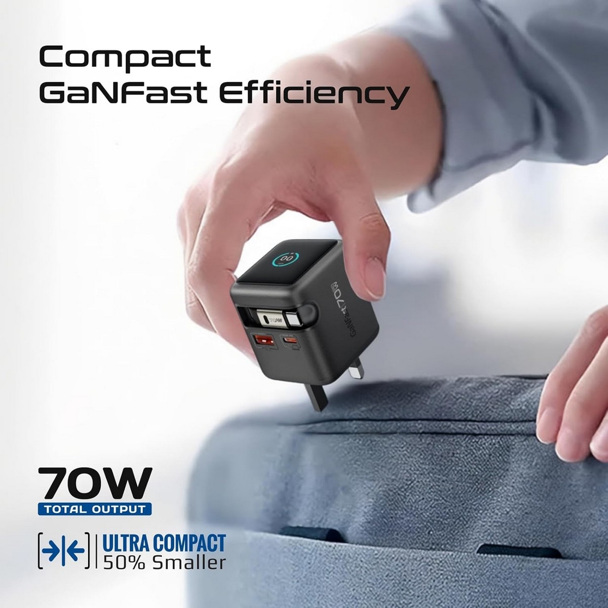 بروميت شاحن جداري GaNFast بقدرة 70 واط مع كابل USB-C قابل للسحب وشاشة TFT