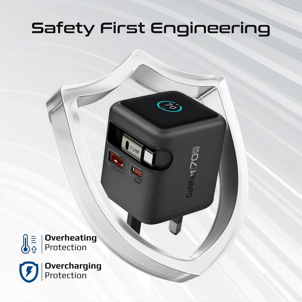 بروميت شاحن جداري GaNFast بقدرة 70 واط مع كابل USB-C قابل للسحب وشاشة TFT