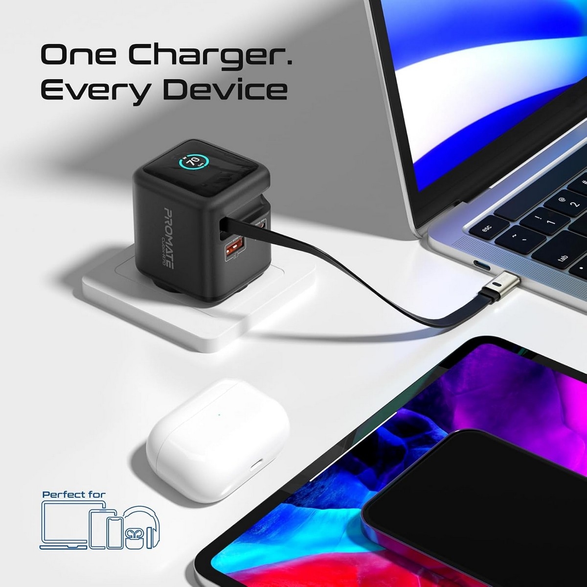 بروميت شاحن جداري GaNFast بقدرة 70 واط مع كابل USB-C قابل للسحب وشاشة TFT
