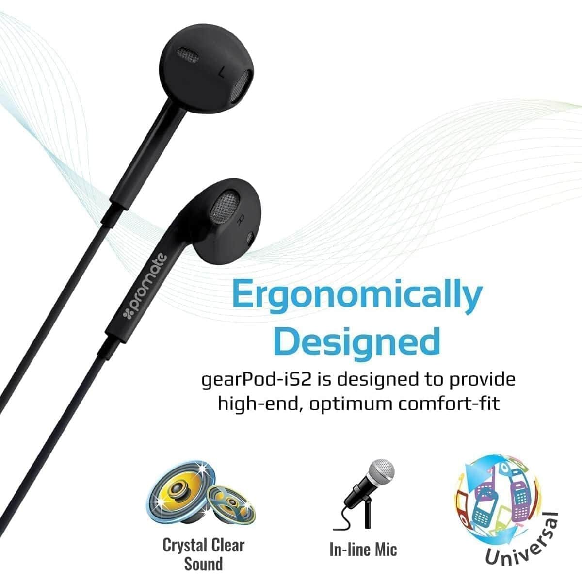 Promate Black GearPod-IS2 3.5mm In-Ear Wired Earphones