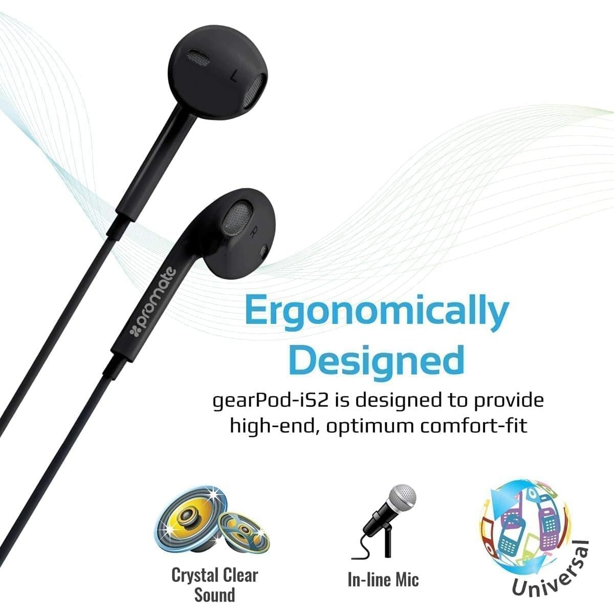Promate Black GearPod-IS2 3.5mm In-Ear Wired Earphones