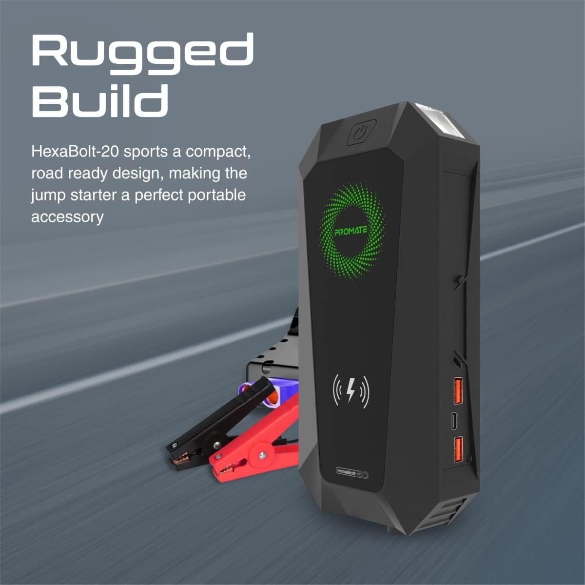 Promate Black Hexabolt-20 1500A 12V Car Jump Starter with 19200mAh Power Bank