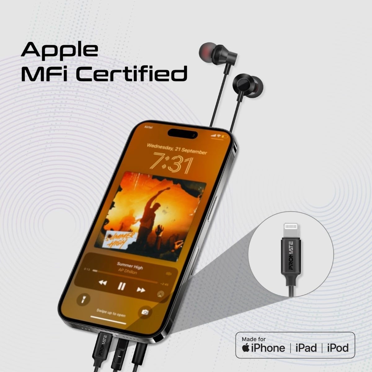 Promate Black MFi Lightning In-Ear Wired Earphones