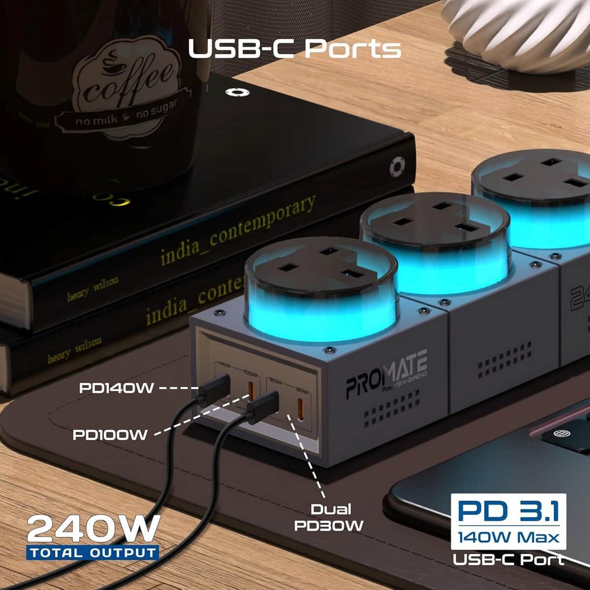 Promate Black Titanium 240W GaNFast 7-in-1 Multi-Port Power Extension