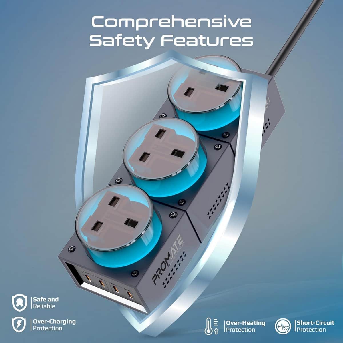 Promate Black Titanium 240W GaNFast 7-in-1 Multi-Port Power Extension