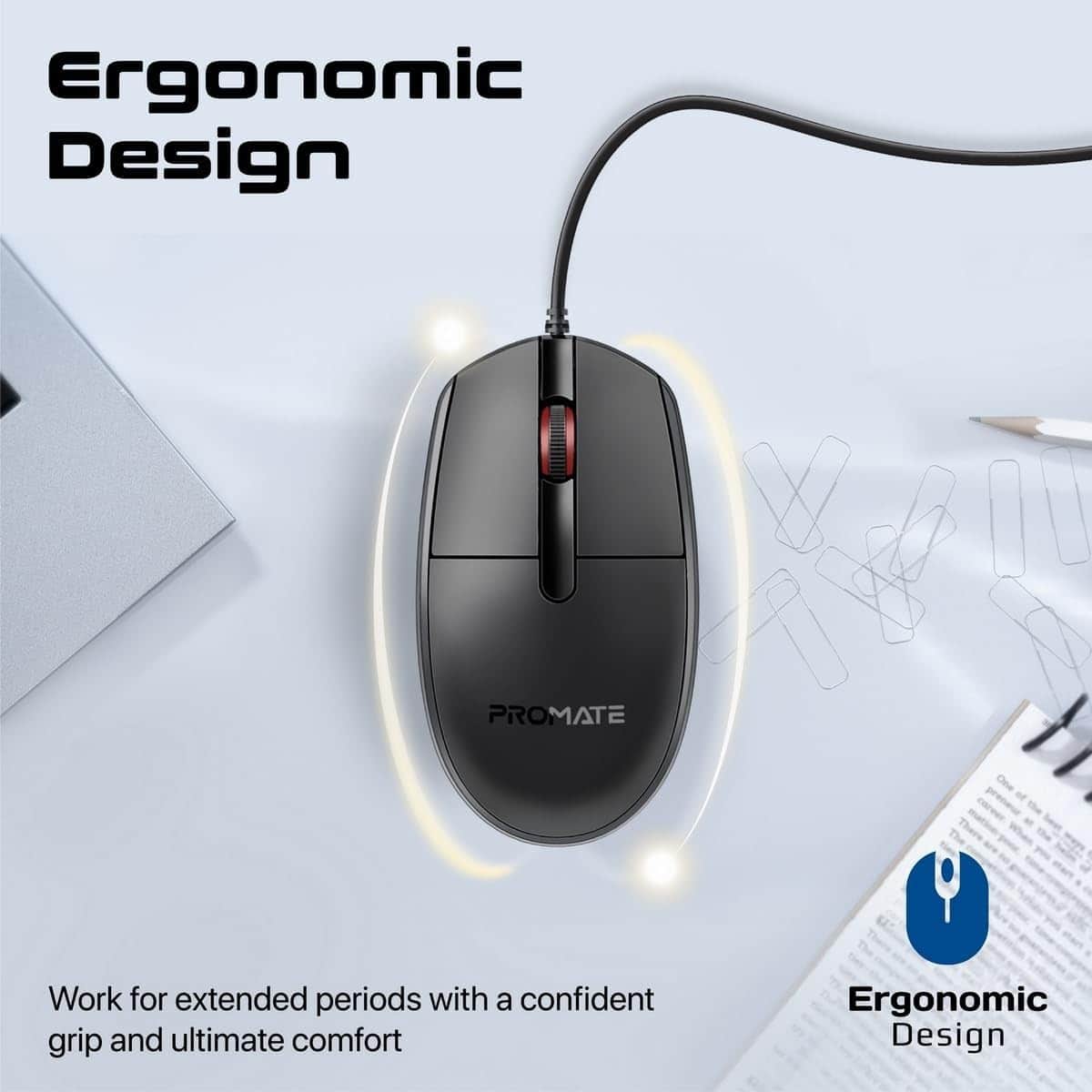 Promate CM-1200 Ambidextrous Wired Optical Mouse