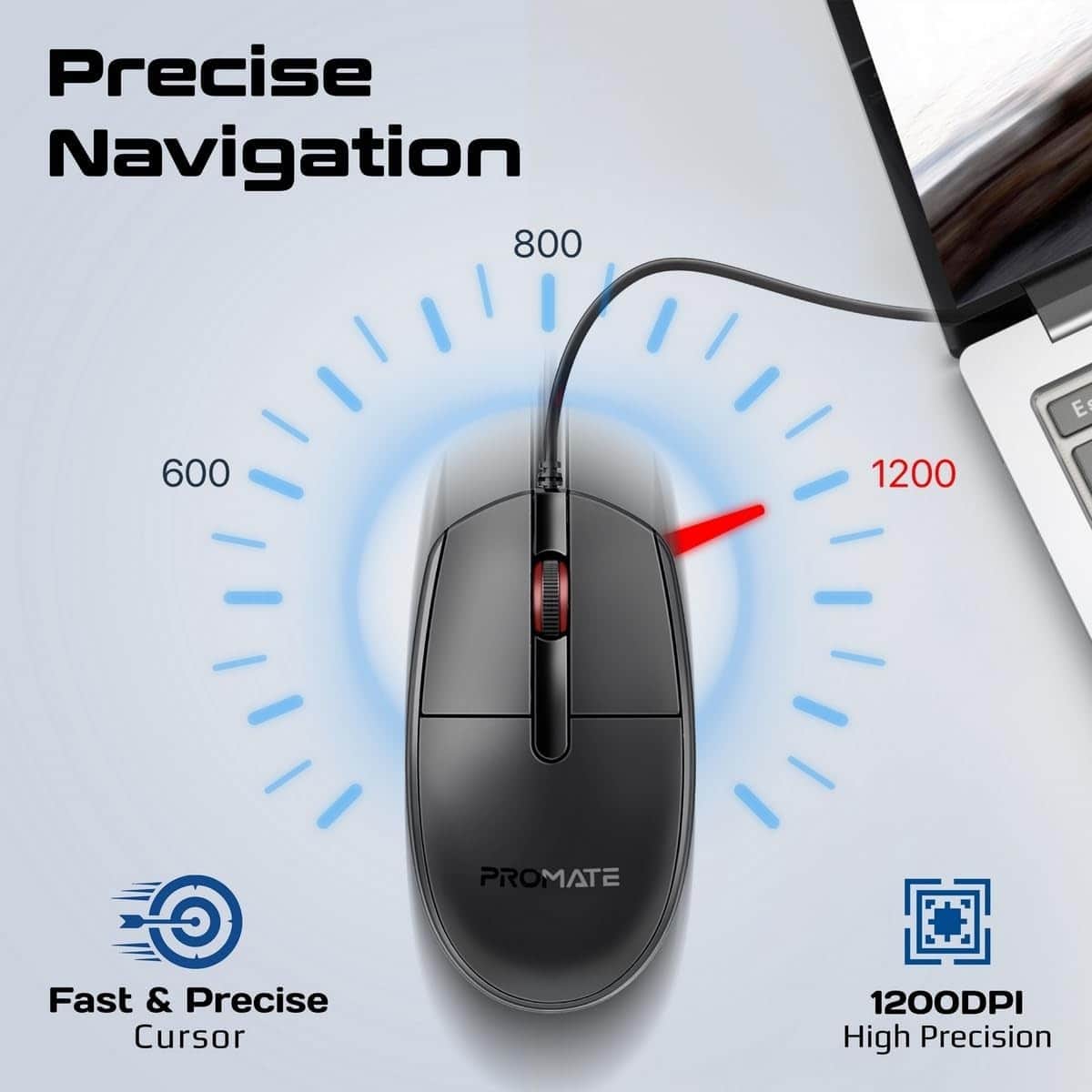 Promate CM-1200 Ambidextrous Wired Optical Mouse