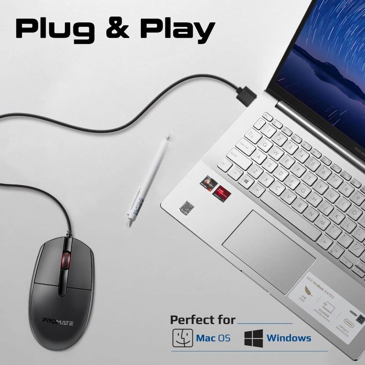 Promate CM-1200 Ambidextrous Wired Optical Mouse