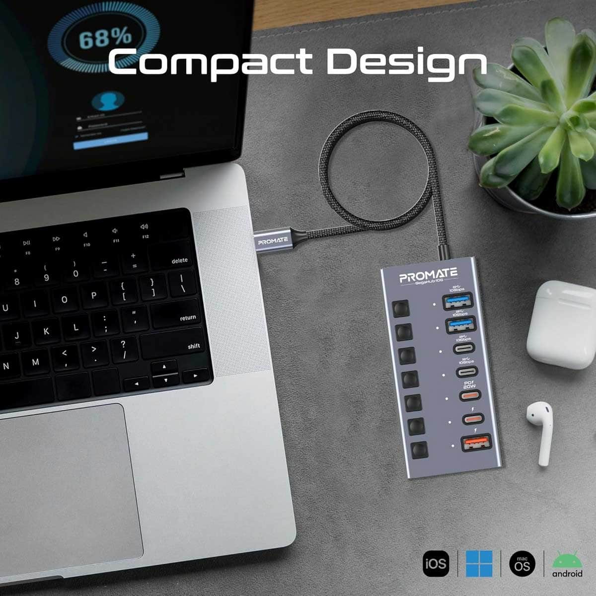 Promate GegaHub-10G 7-in-1 Multiport 10Gbps USB-C Hub