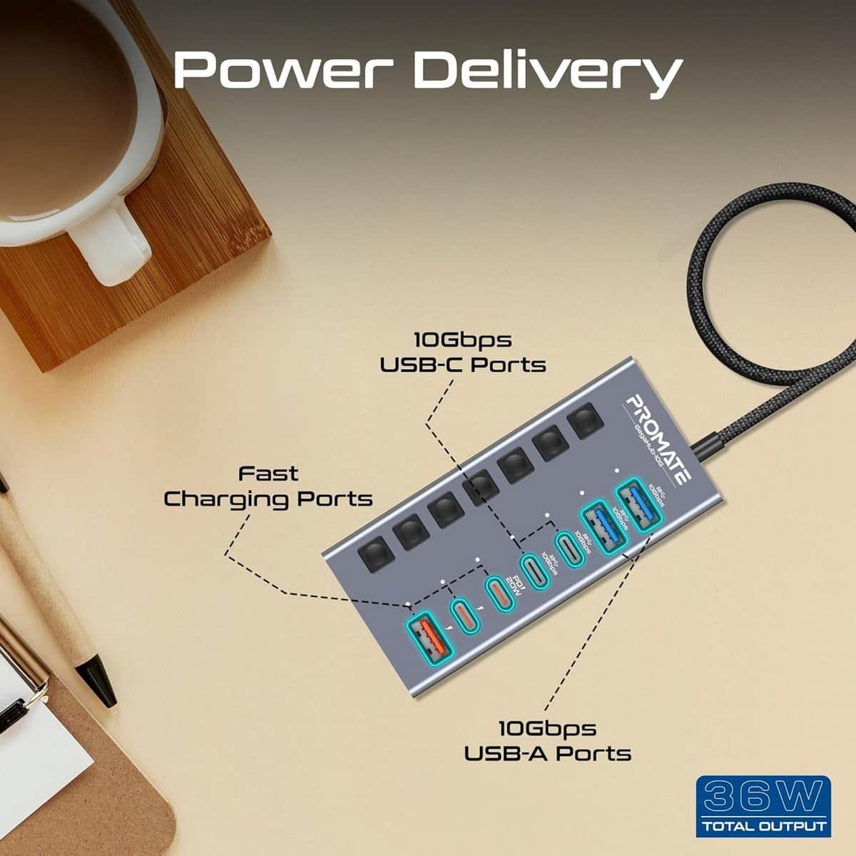 Promate GegaHub-10G 7-in-1 Multiport 10Gbps USB-C Hub