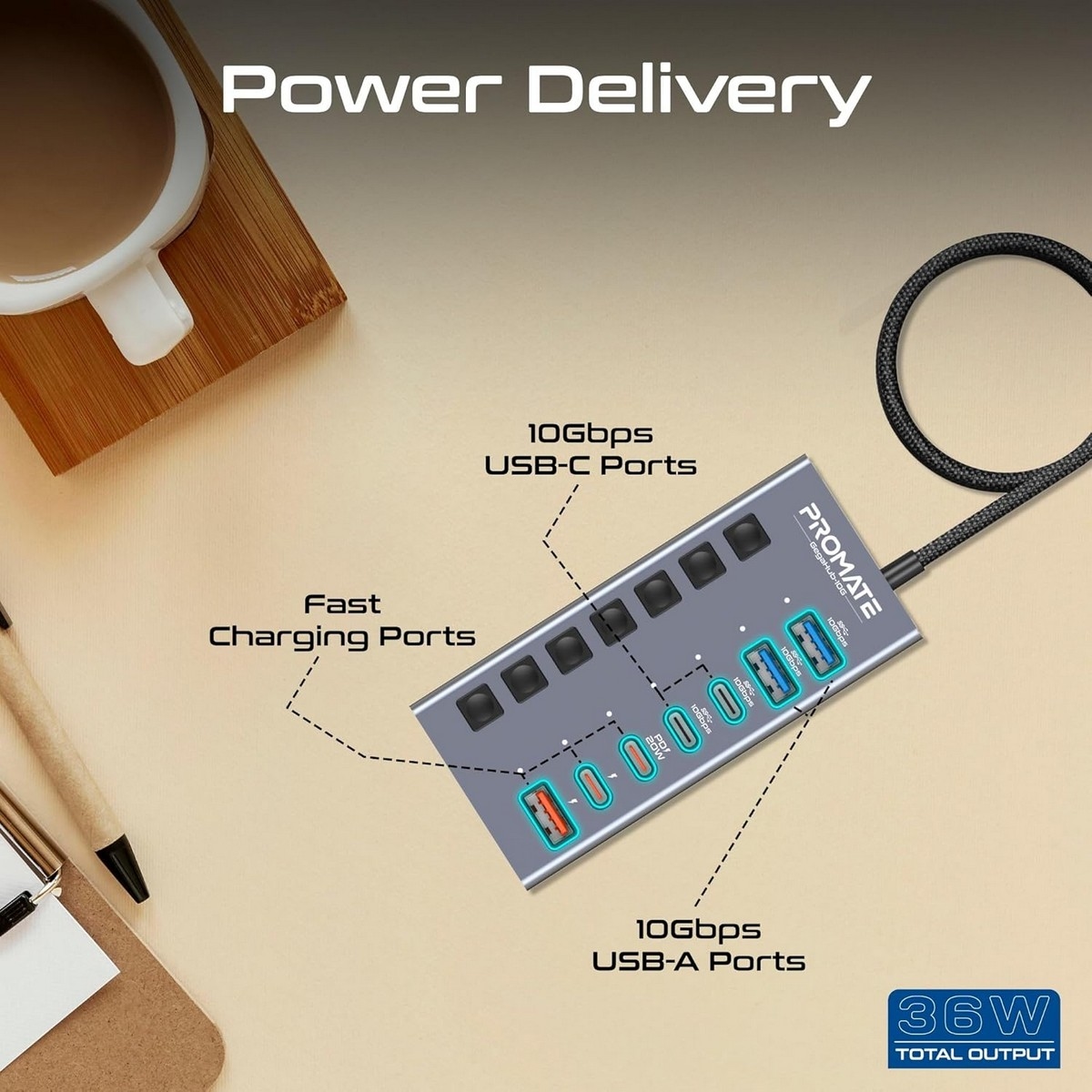 Promate GegaHub-10G 7-in-1 Multiport 10Gbps USB-C Hub