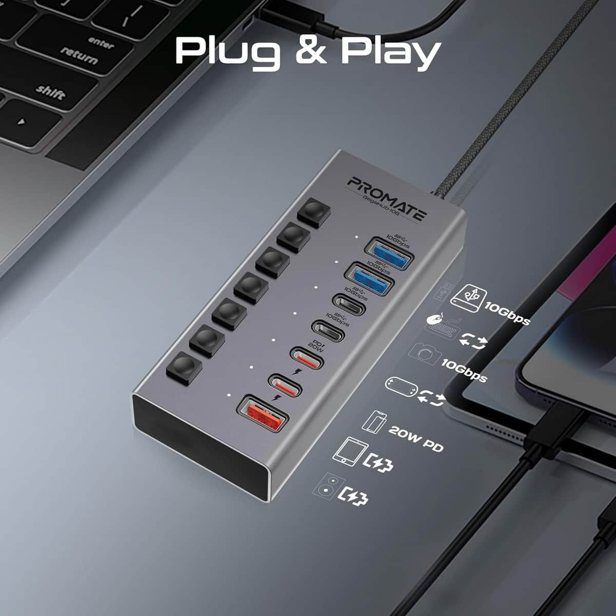 Promate GegaHub-10G 7-in-1 Multiport 10Gbps USB-C Hub