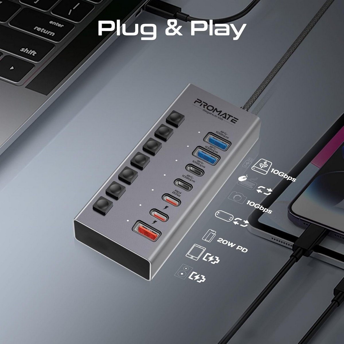 Promate GegaHub-10G 7-in-1 Multiport 10Gbps USB-C Hub