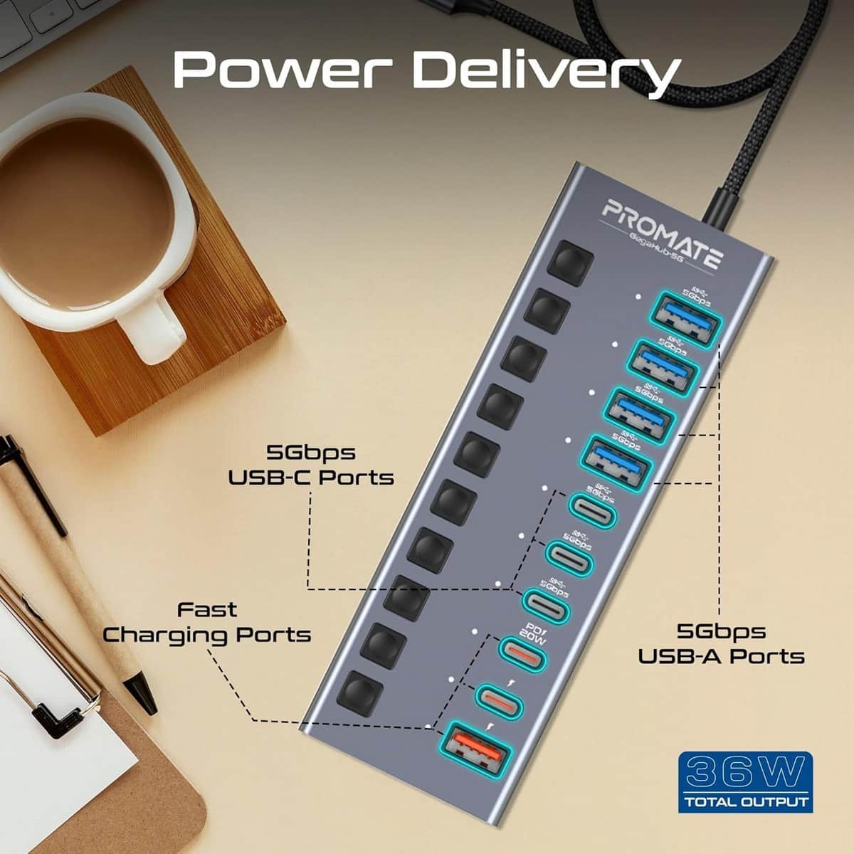 Promate GegaHub-5G 10-in-1 Multiport 5Gbps USB-C Hub