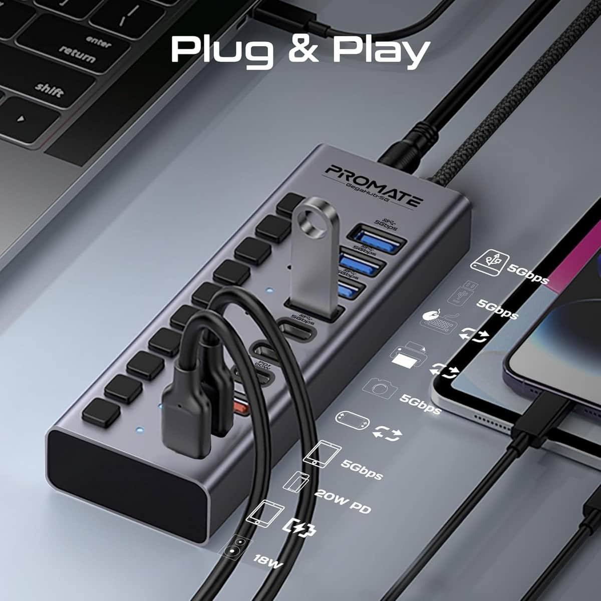 Promate GegaHub-5G 10-in-1 Multiport 5Gbps USB-C Hub