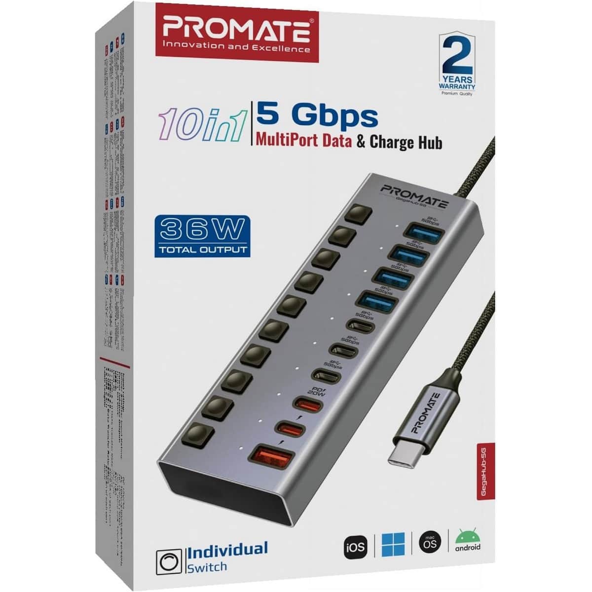 Promate GegaHub-5G 10-in-1 Multiport 5Gbps USB-C Hub
