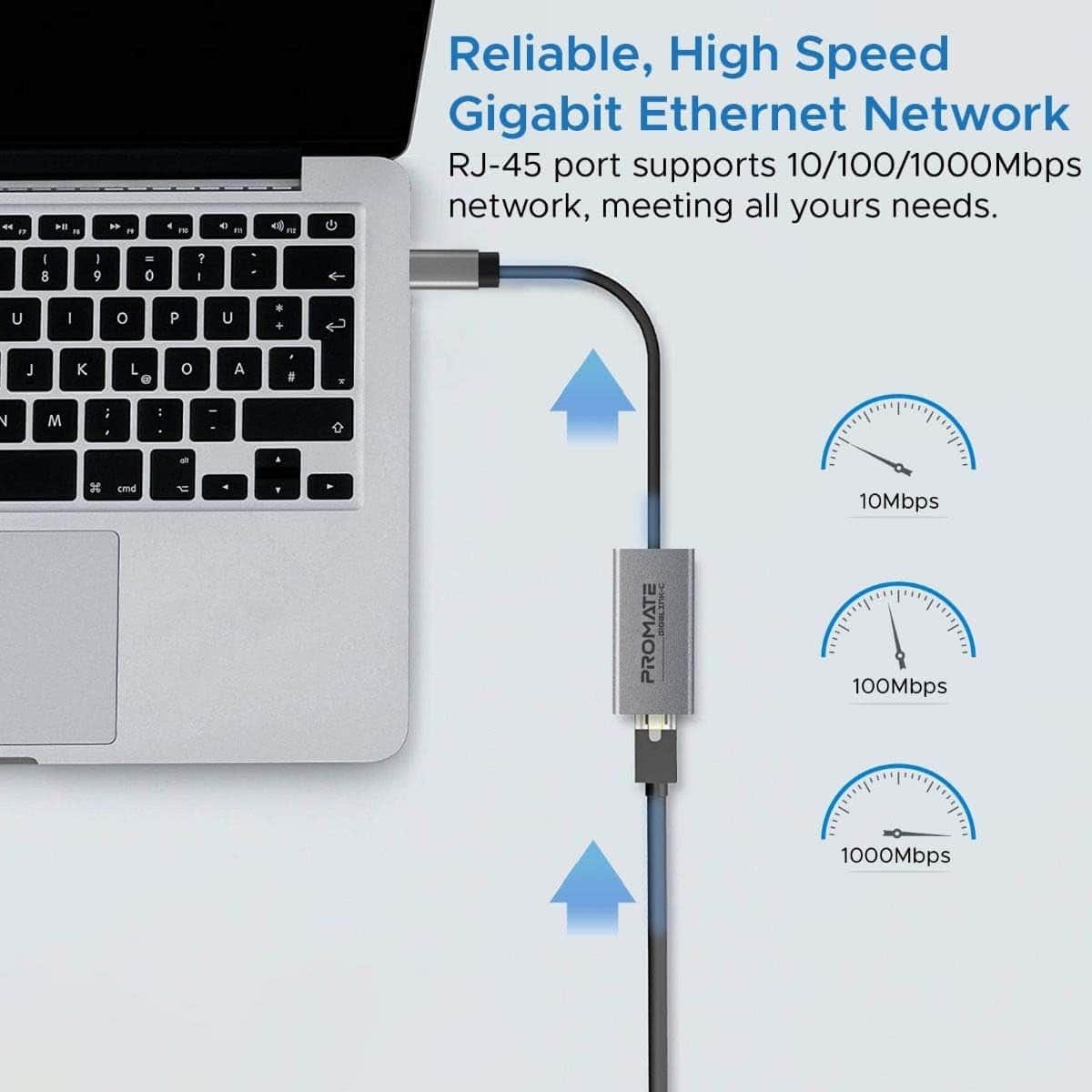 Promate GigaLink-C Grey USB-C to Gigabit Ethernet Adapter