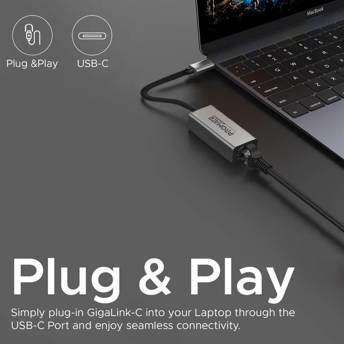 Promate GigaLink-C Grey USB-C to Gigabit Ethernet Adapter