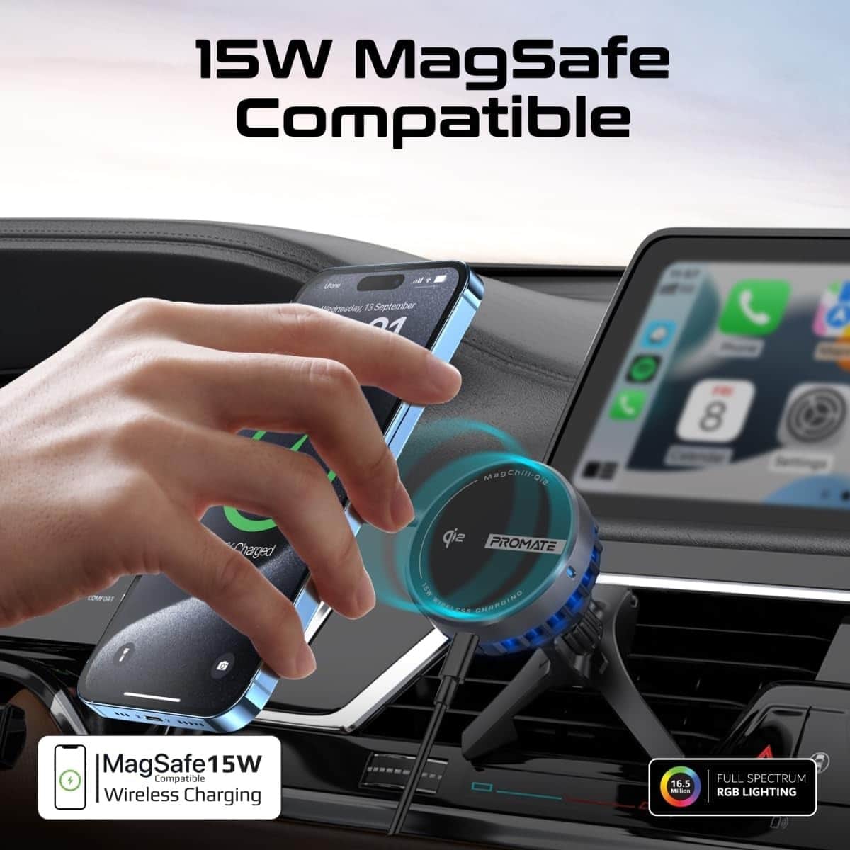 Promate MagChill-Qi2 15W Qi2 Magnetic Wireless Car Charger Mount