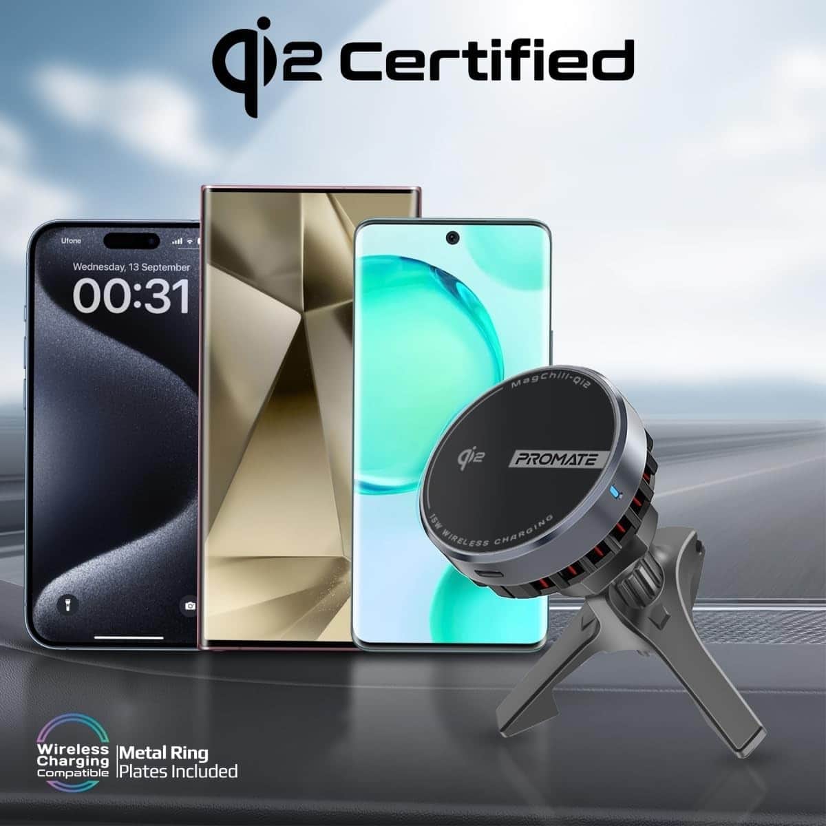 Promate MagChill-Qi2 15W Qi2 Magnetic Wireless Car Charger Mount