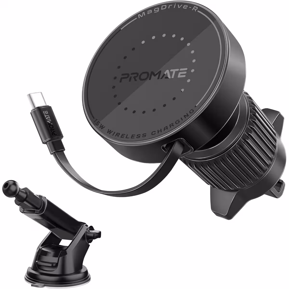 Promate MagDrive-R 15W MagSafe Car Mount Charger with Retractable Cable