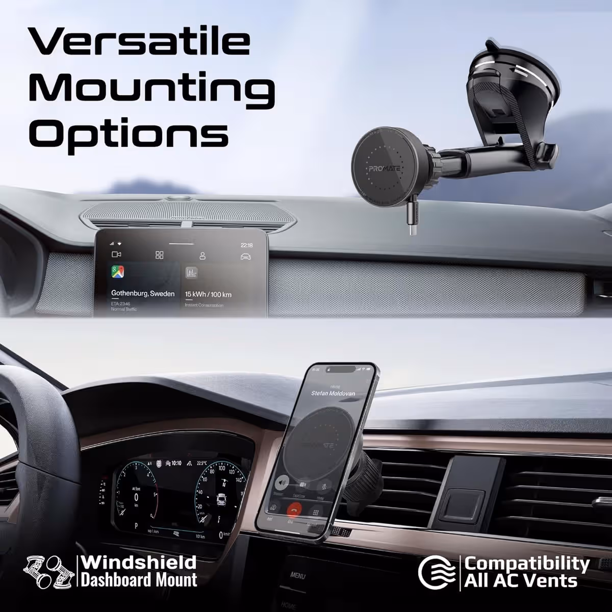 Promate MagDrive-R 15W MagSafe Car Mount Charger with Retractable Cable
