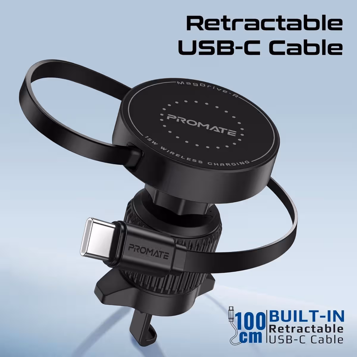 Promate MagDrive-R 15W MagSafe Car Mount Charger with Retractable Cable