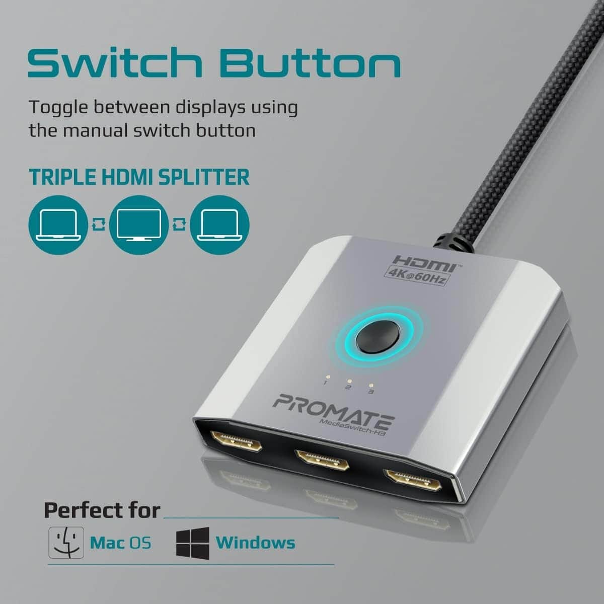 Promate MediaSwitch-H3 50cm 4K 60Hz 3-in-1 HDMI Switch Adapter