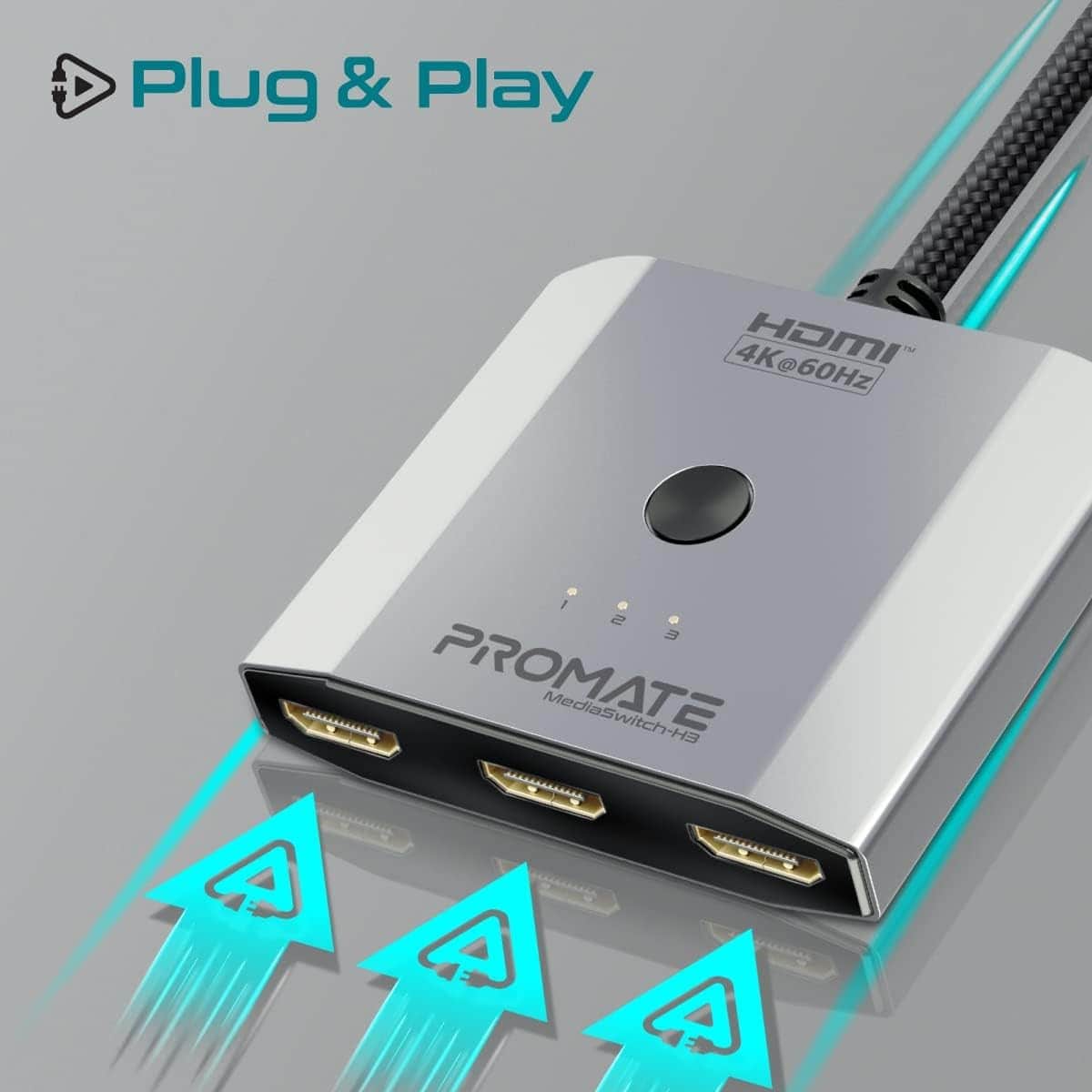 Promate MediaSwitch-H3 50cm 4K 60Hz 3-in-1 HDMI Switch Adapter