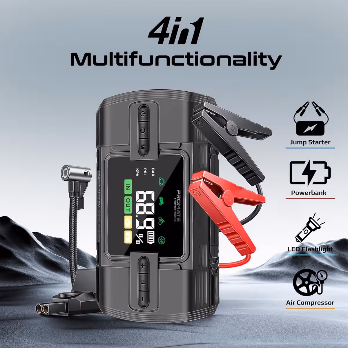 Promate PatrolPack-3 12000mAh Portable Car Jump Starter with 150PSI Air Compressor