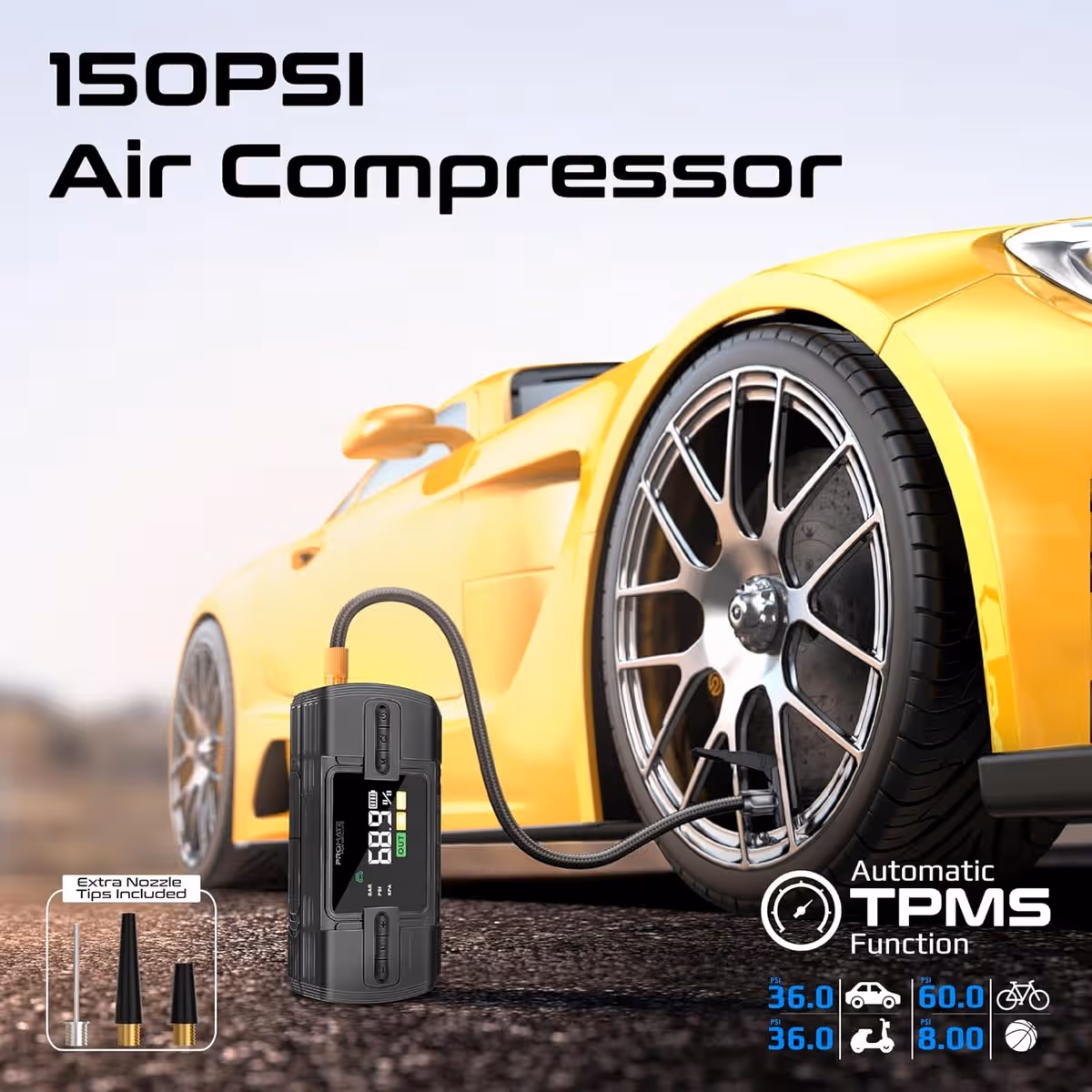 Promate PatrolPack-3 12000mAh Portable Car Jump Starter with 150PSI Air Compressor