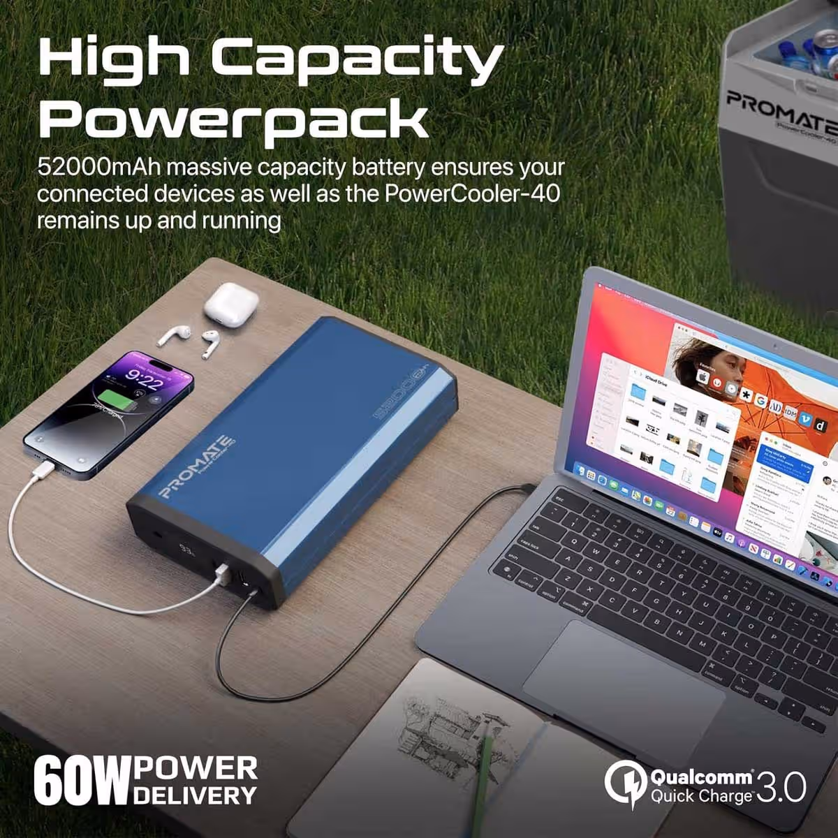 Promate PowerCooler-40 Portable 40L Mini Fridge with Power Bank