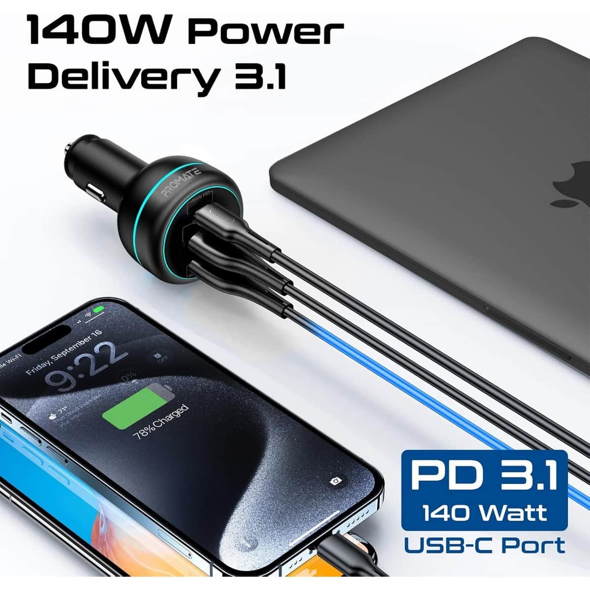 Promate PowerDrive-230 Power Delivery 230W Laptop Car Charger