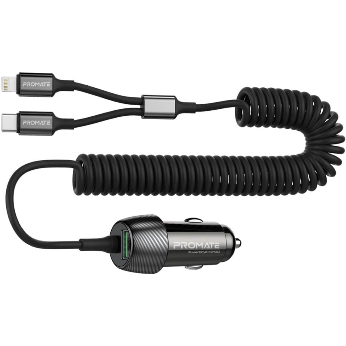 Promate PowerDrive-33PDCI 3-in-1 Coiled Cable 33W Car Charger