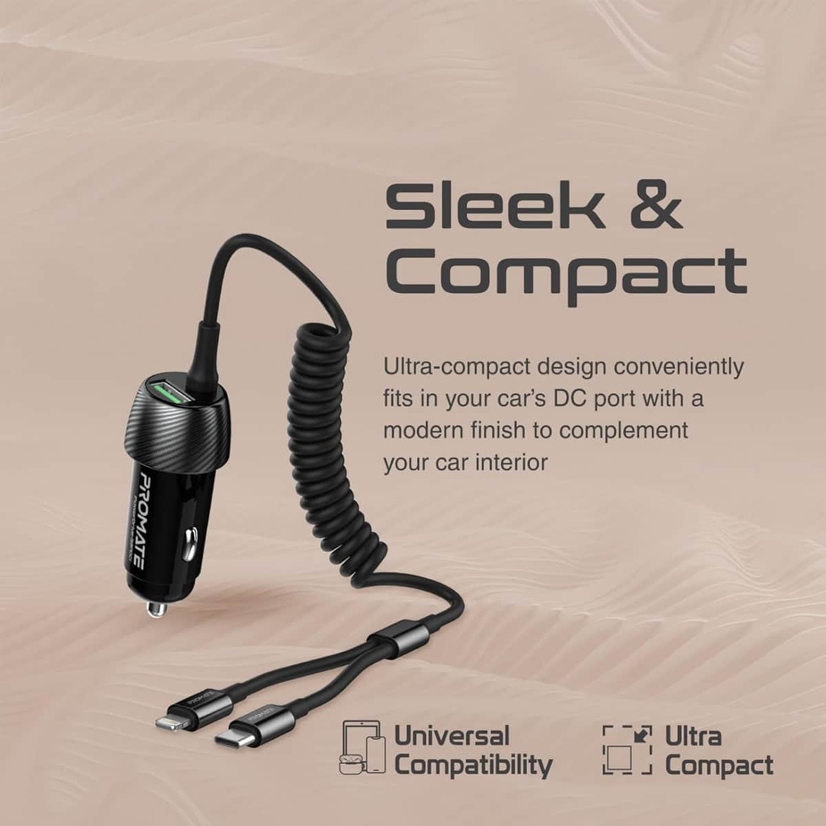 Promate PowerDrive-33PDCI 3-in-1 Coiled Cable 33W Car Charger
