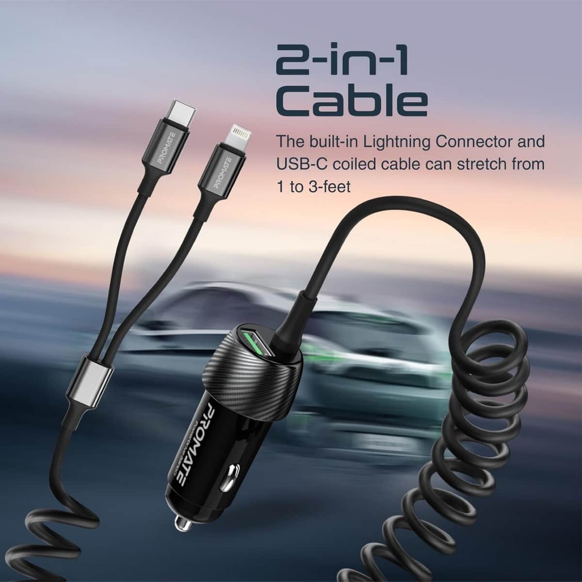 Promate PowerDrive-33PDCI 3-in-1 Coiled Cable 33W Car Charger