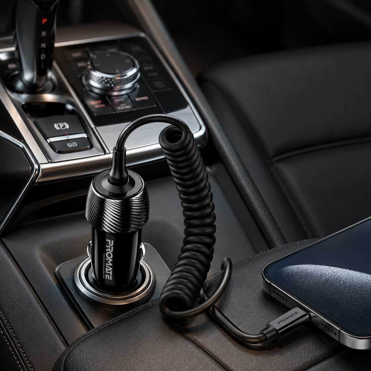 Promate PowerDrive-33PDI 33W Car Charger with Built-In Lightning Cable