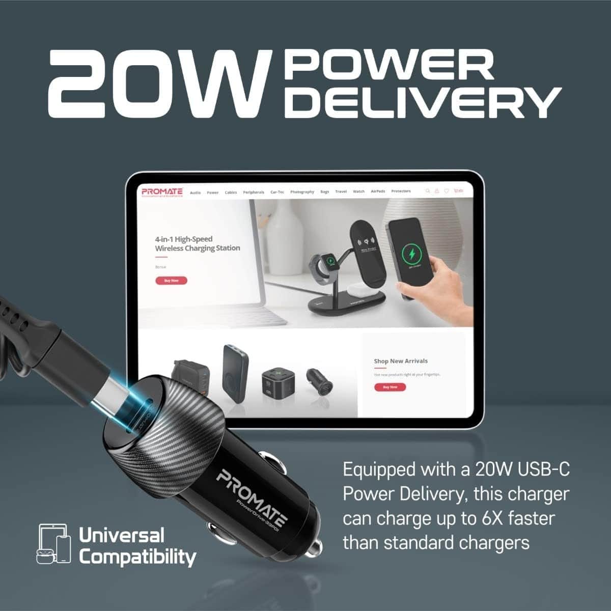 Promate PowerDrive-33PDI 33W Car Charger with Built-In Lightning Cable