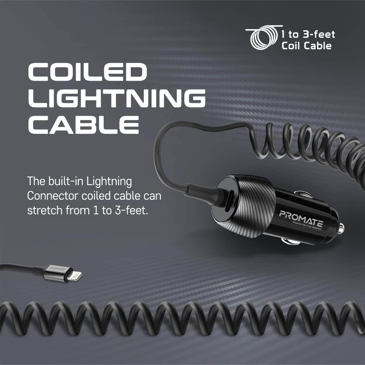 Promate PowerDrive-33PDI 33W Car Charger with Built-In Lightning Cable