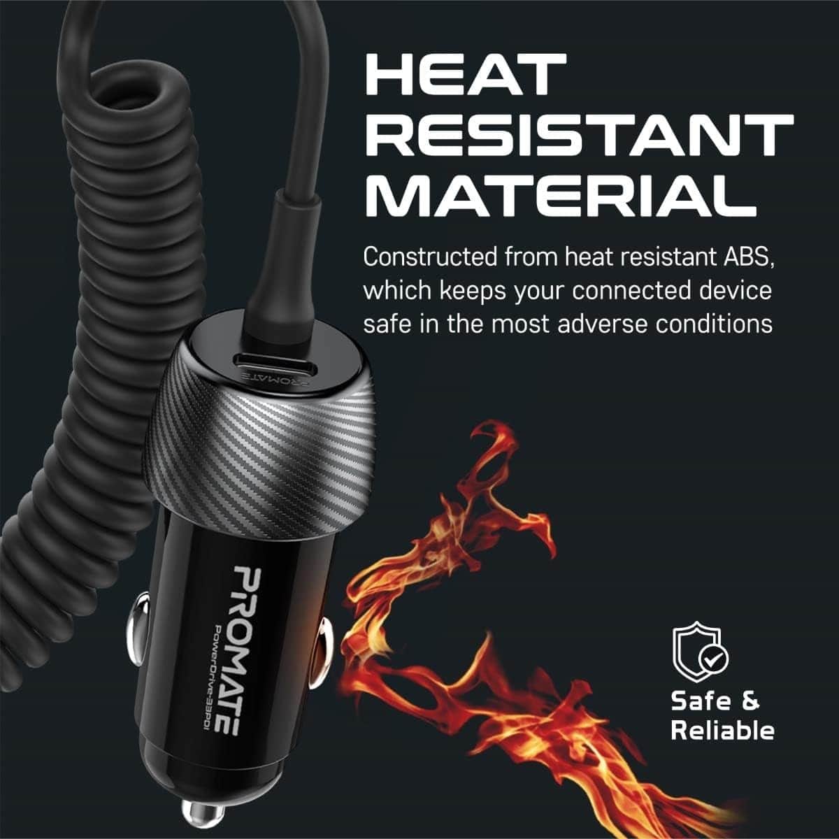 Promate PowerDrive-33PDI 33W Car Charger with Built-In Lightning Cable