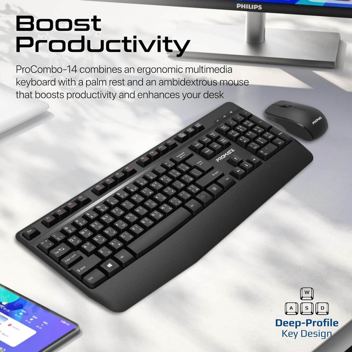 Promate ProCombo-14 Wireless Keyboard & Mouse Combo with Palm Rest